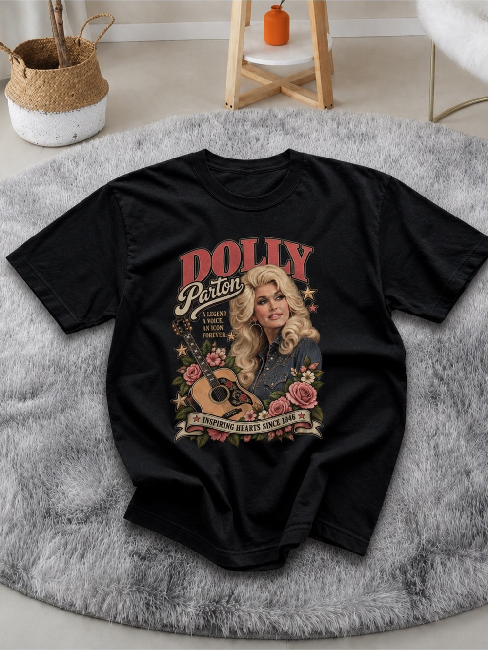 Tribute Dolly Parton Shirt, Country Music Graphic Tee - Retro Floral Guitar